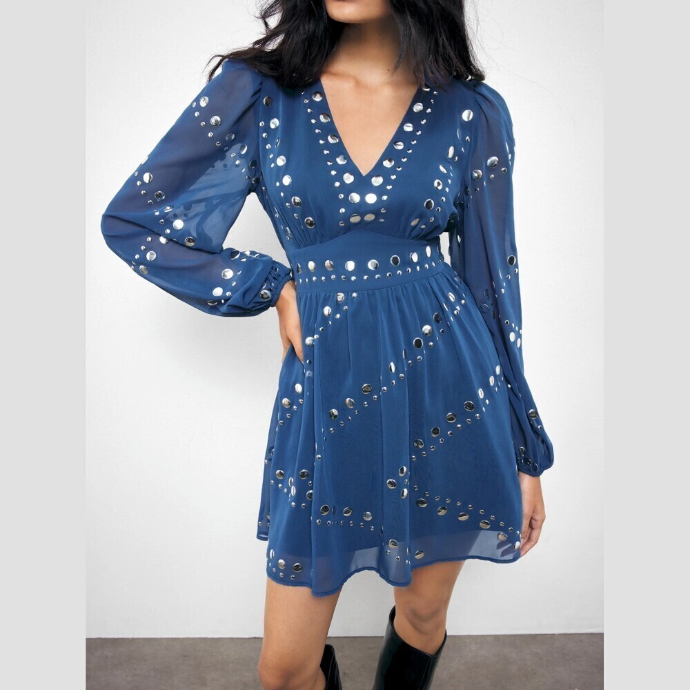 Blue Sheer Stud Embellished V Neck Bishop Sleeve Fit Flare Mini Dress